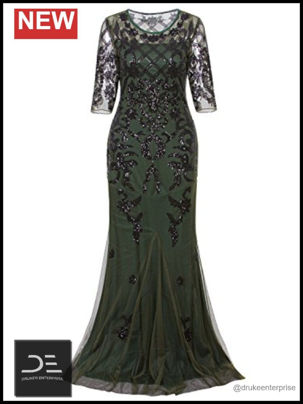 Vintage 1920s Sequin Long Sleeve Prom Evening Gown A-Line Fishtail